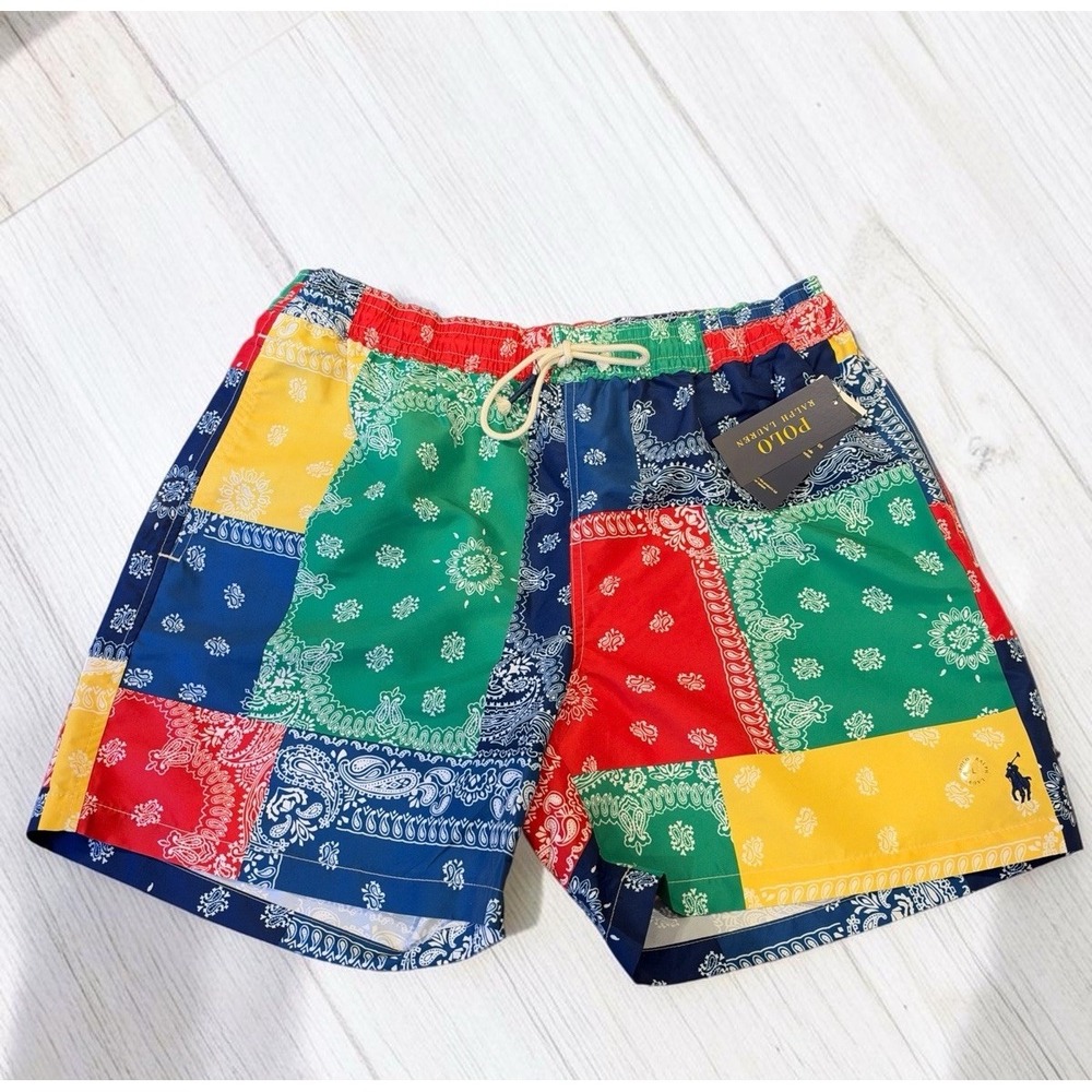 Polo Ralph Lauren Pony Bandana Patchwork Traveler Surf Swim Trunks Men's L NWT